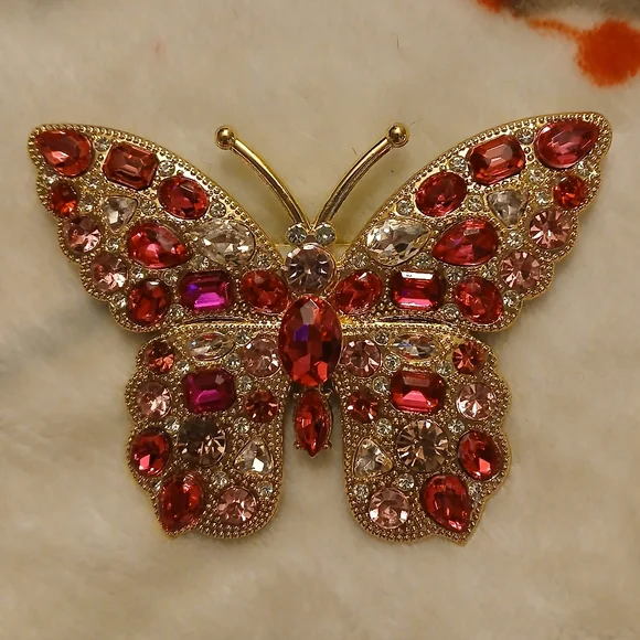 NWOT Large Butterfly Brooch with Pink and Red Gemstone Detailing - Picture 1 of 7